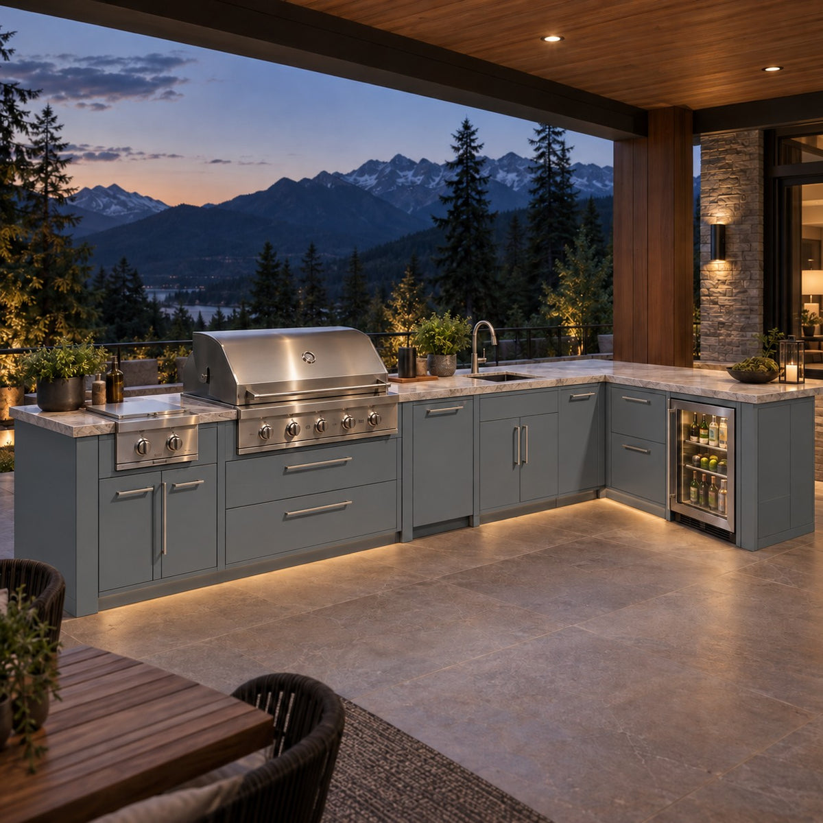 Cedar Luxe Whistler six-piece modular outdoor kitchen in charcoal finish at a mountain residence.
