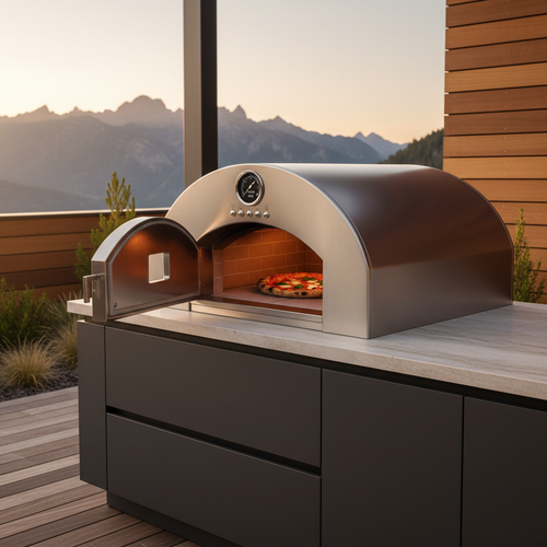 Cedar Luxe Summit built-in outdoor pizza oven in a charcoal outdoor kitchen